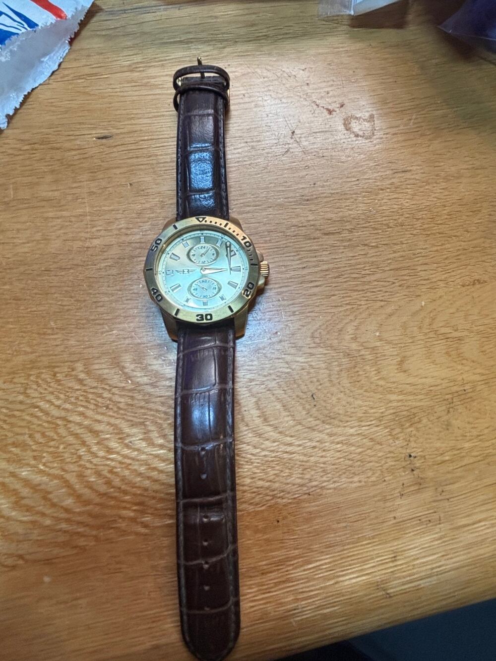 Invicta 43663 Men's Quartz Watch Gold Tone Leather Strap Subdials